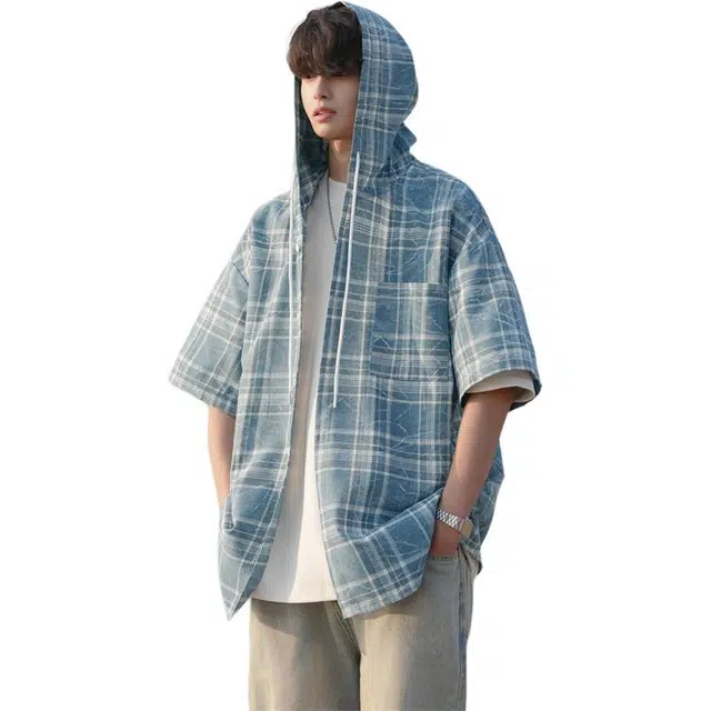 顶峰保罗 拼接撞色格子条纹衬衣外套美式复古潮流高街痞帅潮流设计感宽松休闲连帽短袖衬衫 男女同款