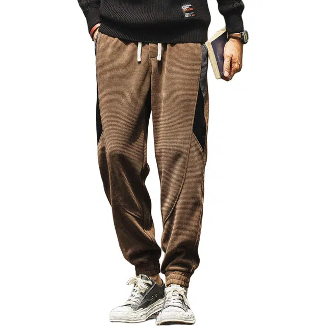 格蓝鹿 宽松束脚裤撞色拼接微弹薄款休闲裤 男款 驼色