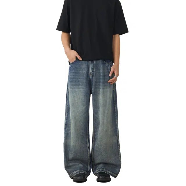 帝狼牛 经典水洗做旧高街宽松阔腿休闲长裤子垂感设计五袋款铆钉户外透气牛仔裤 男女同款