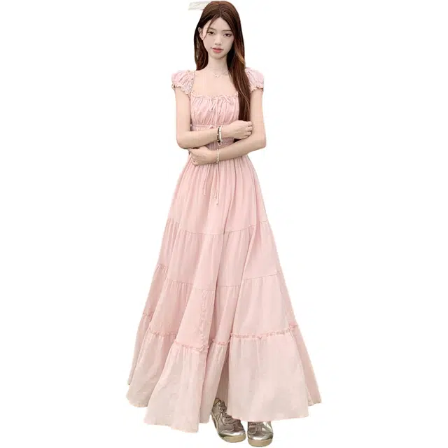 思蓓儿 绝美裙裙方领花边女夏季清纯系松弛感穿搭大码长裙连衣裙 女款