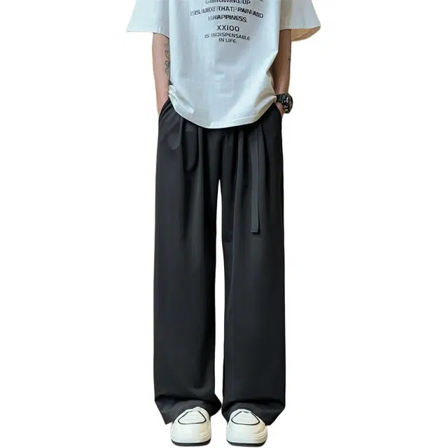 顶峰保罗 纯色简约薄款透气舒适直筒阔腿长裤复古潮流宽松小众百搭高级感冰丝速干休闲裤 男女同款