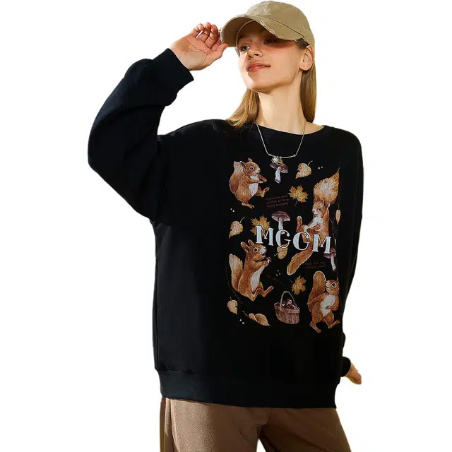 木果果木 春,秋 复古学院风休闲减龄动物印花圆领卫衣 宽松 女款