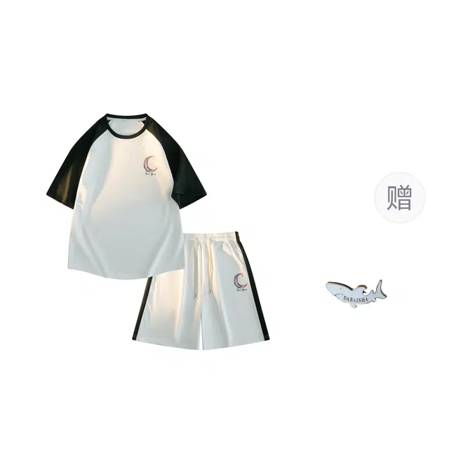 大白鲨 设计感亲肤拼接撞色短袖短裤休闲运动套装 男款