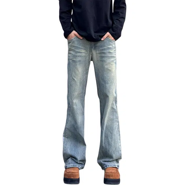 徐百货 美式闪电纹设计感夏季阔腿裤潮流百搭休闲微喇裤子牛仔裤 男女同款