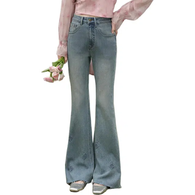 鹿向南 复古文艺阔腿微喇宽松休闲自然腰长裤牛仔裤 女款