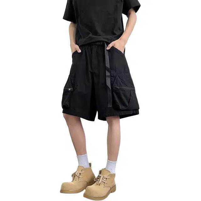 颂希尔 日系复古伞兵工装裤美式潮牌宽松廓形直筒口袋五分裤休闲短裤 男女同款
