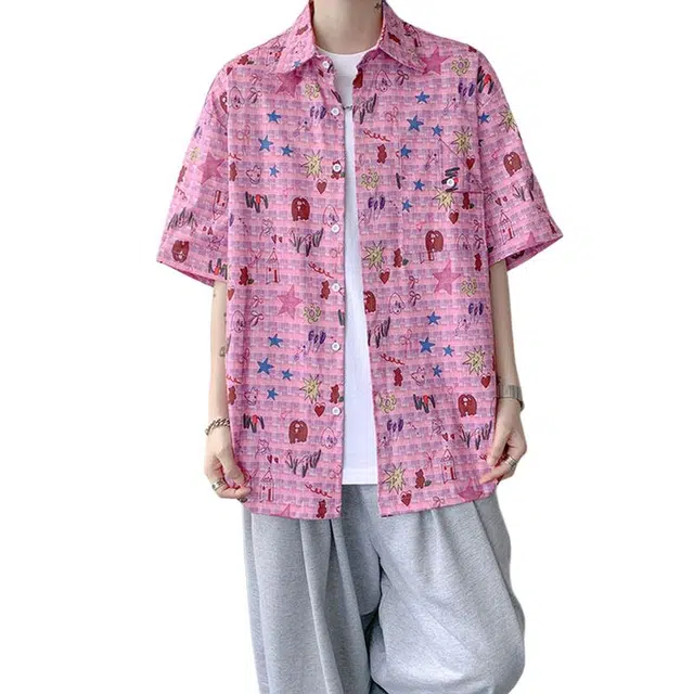 佐菲利 美式涂鸦印花潮牌设计感休闲短袖衬衫 男女同款