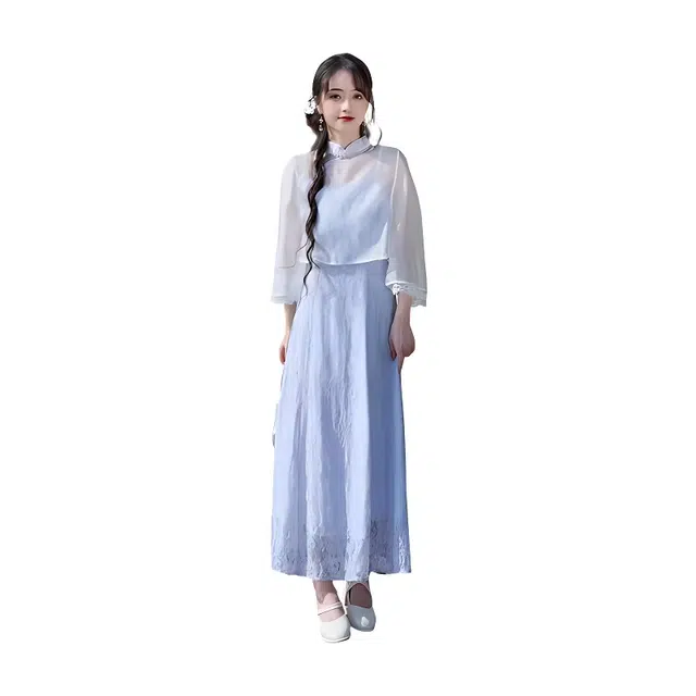 荟萃阁 新中式改良气质复古立领盘扣网纱外披重工提花吊带连衣裙裙装套装 女款
