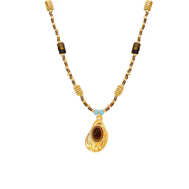 前方大荒野 金色吊坠复古美拉德风高级感串珠小众设计轻奢穿搭个性气质小清新 合金/树脂 项链 女款