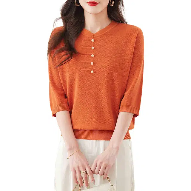 曲韩 时尚舒适百搭七分袖针织衫 女款