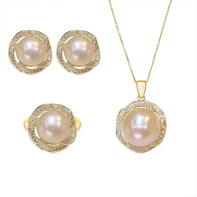 贝诗 轻奢高级感气质淡水珍珠优雅大气花朵造型吊坠戒指耳钉时尚妈妈三件套女款