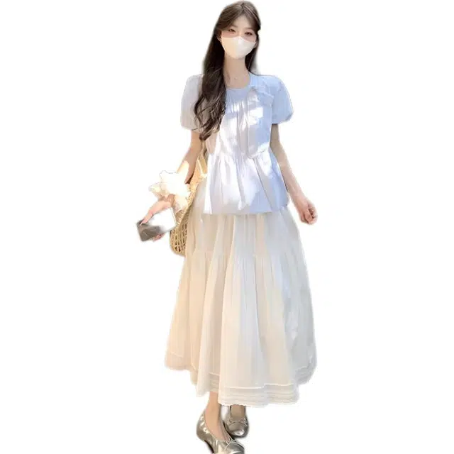 沐晓欣 蝴蝶结蕾丝泡泡袖衬衫女半身裙两件女夏季设计感压褶绑带衬衣裙装套装 女款