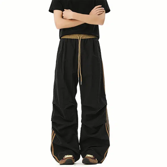 佐菲利 美式三条杠速干条纹伞兵工装夏季潮牌褶皱裤阔腿休闲裤 男女同款