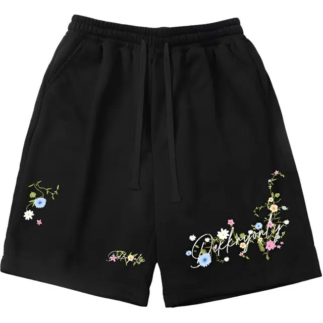 特斯型 花卉字母印花白灰色五分运动裤松紧腰休闲短裤 男款
