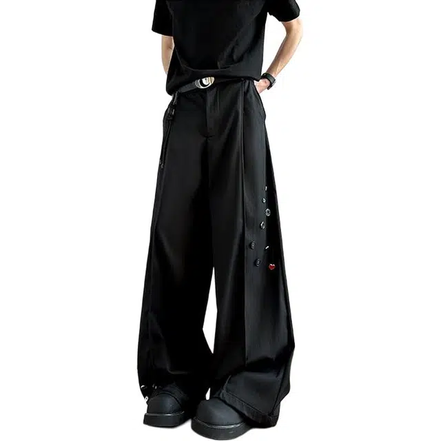 物质公式 美式高街复古纯色纽扣解构设计高级感纯色基础款微喇弯刀裤痞帅嘻哈街头山本裤垂坠感宽松舒适阔腿拖地西裤休闲裤 男女同款