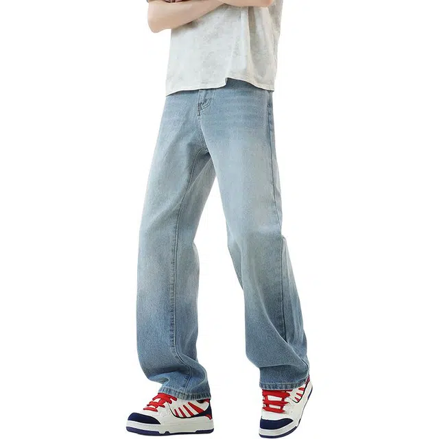宝米卡 原创韩版宽松直筒复古水洗做旧阔腿垂感拖地裤牛仔裤 男女同款