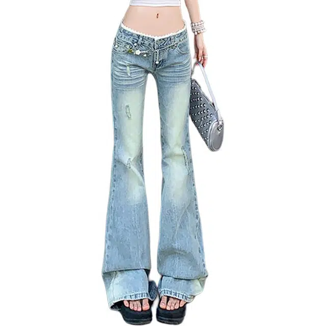 如续 蕾丝拼接微喇水洗低腰显瘦喇叭裤牛仔裤 女款