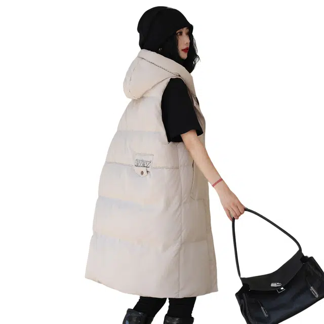 鸭鸭 中长款连帽纯色保暖羽绒服 女款 鹅黄色