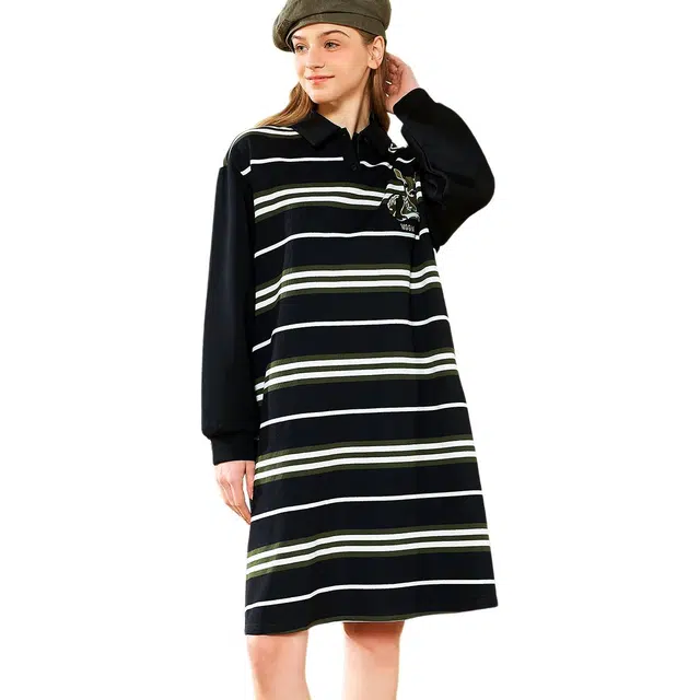 木果果木 小个子女生复古条纹时尚简约长袖连衣裙 女款