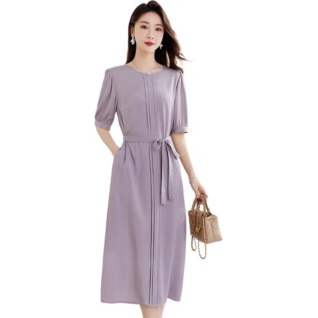 水墨佳人 圆领拼接收腰显瘦中长裙纯色短袖连衣裙 女款