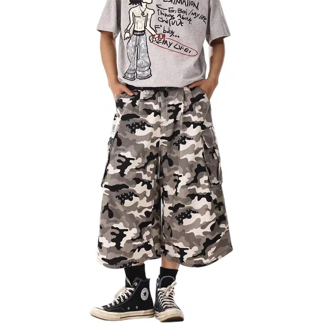 宝米卡 美式复古多口袋褶皱迷彩七分工装夏季阔腿宽松休闲潮流牛仔短裤 男女同款