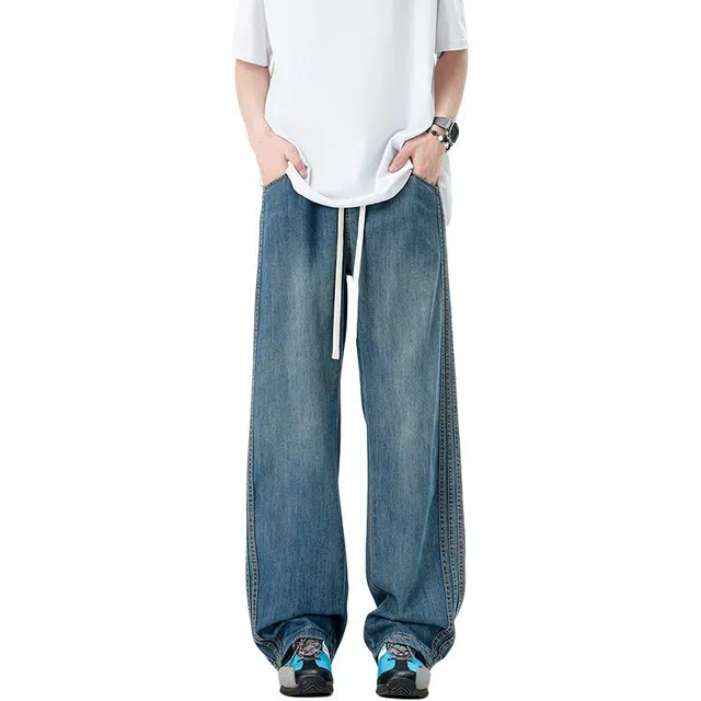 八哥 美式复古高街个性垂感阔腿裤基础款时尚百搭宽松舒适透气系带休闲牛仔裤 男女同款
