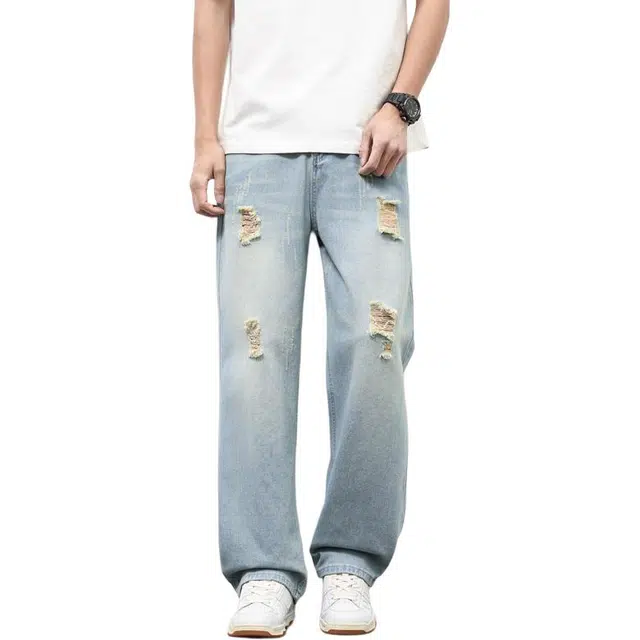 么宁 美式复古水洗宽松直筒破洞裤舒适透气潮流时尚简约百搭个性痞帅运动休闲牛仔裤 男女同款