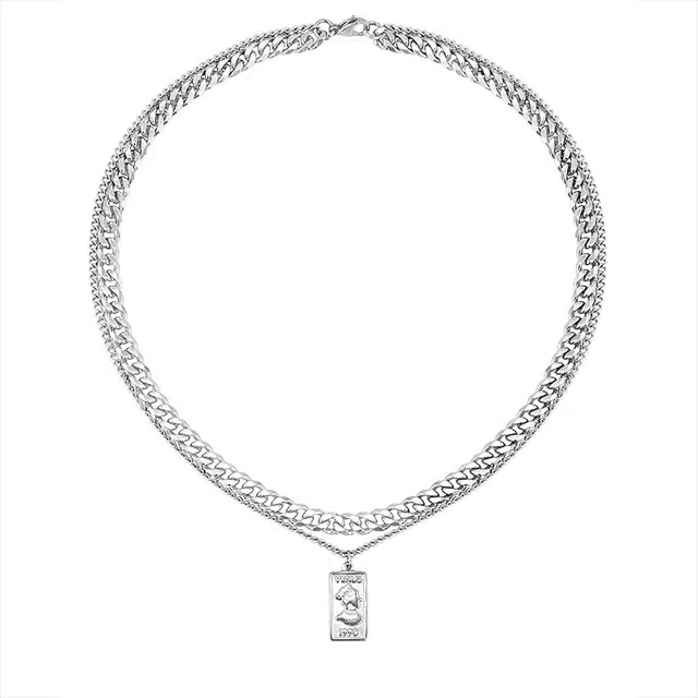 好银坊 <维纳斯方牌头像> 复古吊坠 超百搭古巴链双层可叠戴 小众设计 钛钢 项链 男女同款情侣款