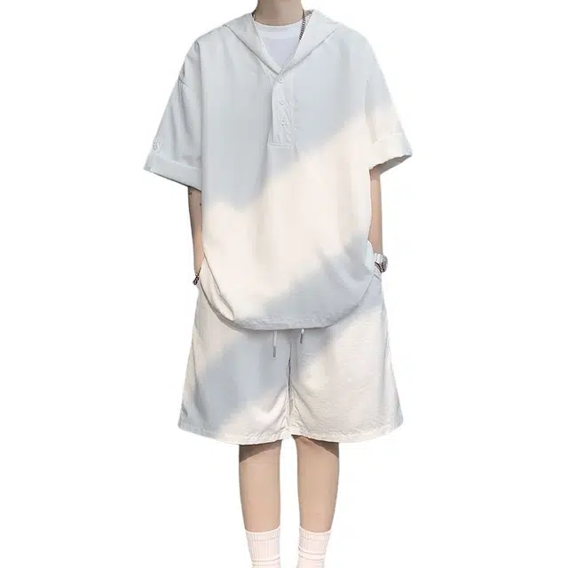 佐菲利 基础款纯色连帽潮宽松短袖短裤搭配休闲运动套装 男款