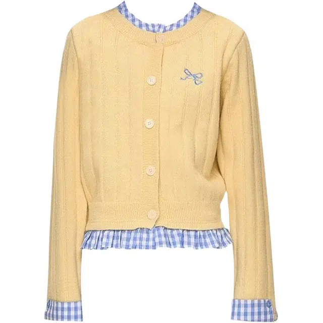 小卷要加油 美式复古格子拼接假两件针织开衫女早春季设计感修身显瘦百搭毛衣上衣 女款