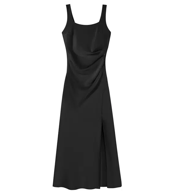 沐晓欣 旅游度假纯色时髦独特百搭设计气质时尚缎面通勤清纯校园风名媛宴会简约时尚甜美少女温柔轻奢吊带连衣裙 女款