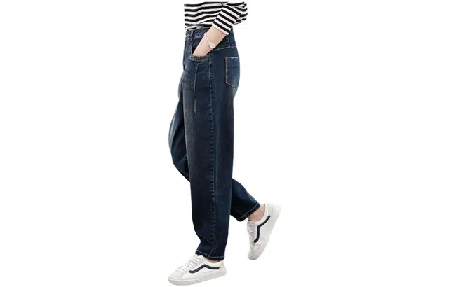 善己 简约高腰宽松牛仔裤 女款 深蓝色
