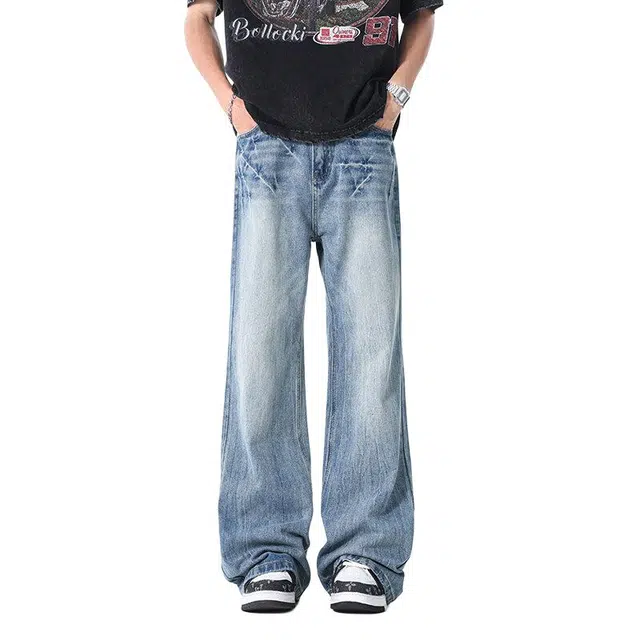 佐菲利 美式潮牌复古水洗做旧设计感高街痞帅宽松直筒牛仔裤 男女同款