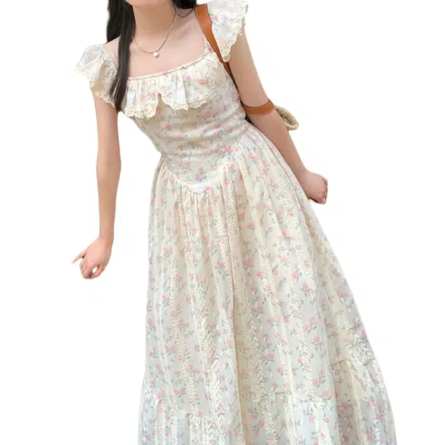 沐晓欣 极简主义刺绣碎花方领小飞袖短袖连衣裙 女款