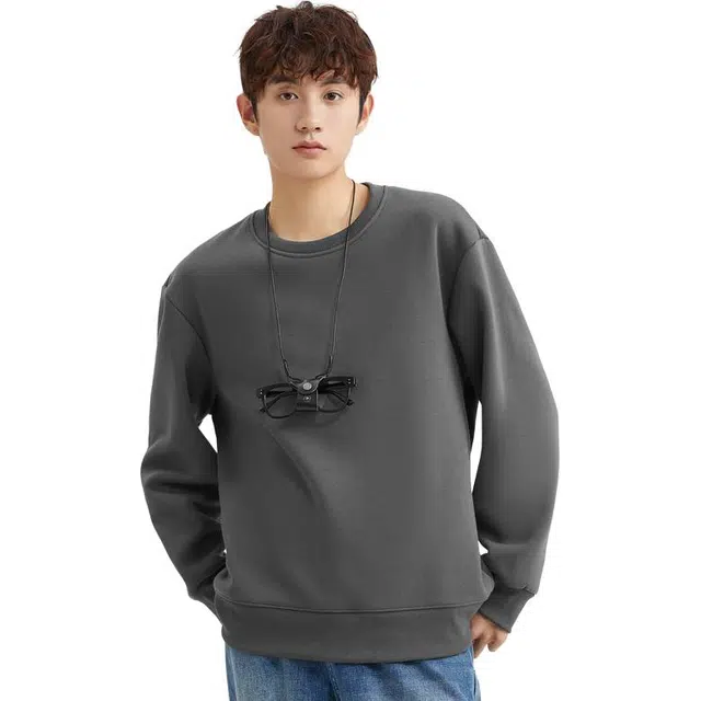 三福 简约宽松净版设计几何图案常规圆领套头卫衣 男款