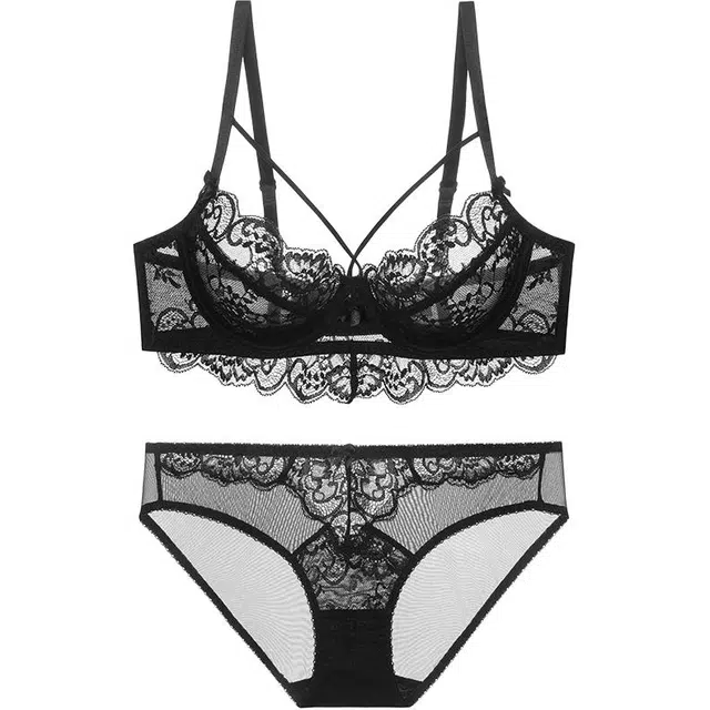 潞优野 法式超薄透视撞色蕾丝大胸显小防下垂文胸罩 内衣裤套装 女款