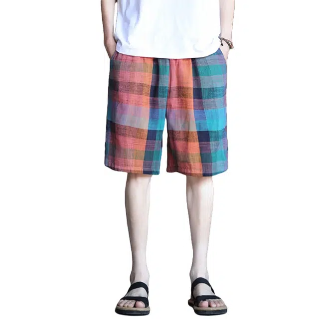 加荣 中国风盘扣薄款透气潮流百搭青少年户外出行运动五分裤格子沙滩外穿休闲短裤 男女同款