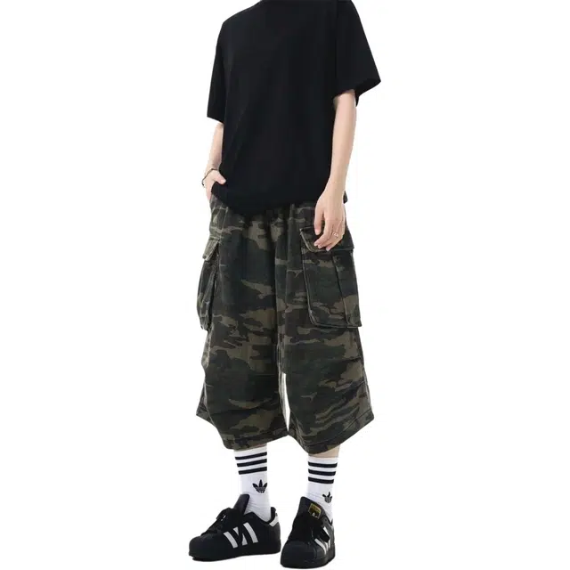 宝米卡 中性美式复古迷彩工装阔腿宽松直筒裤休闲七分裤夏季牛仔短裤 男女同款