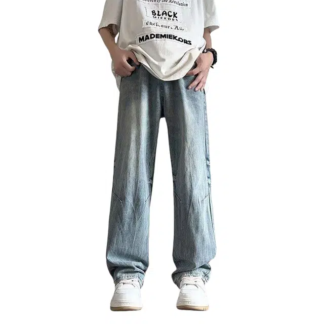 哲源 美式高街复古水洗做旧竹节闪电纹设计感裤子痞帅炸街百搭宽松潮流休闲阔腿牛仔裤 男女同款
