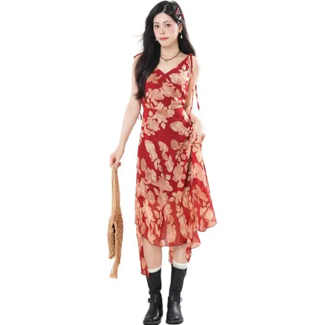 沐晓欣 夏日热恋/巨显白复古红不规则碎花裙女夏印花超仙度假风长款连衣裙 女款