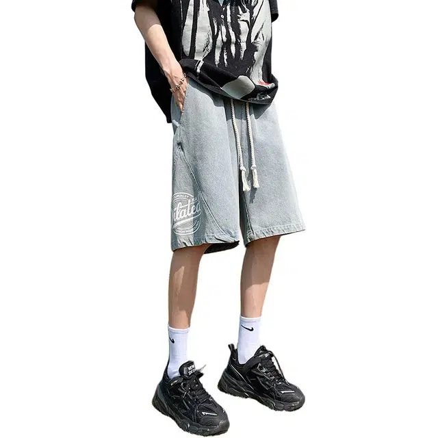 顶峰保罗 凉感舒适水洗字母印花直筒五分裤美式潮牌宽松小众百搭透气高街痞帅阔腿牛仔短裤 男女同款