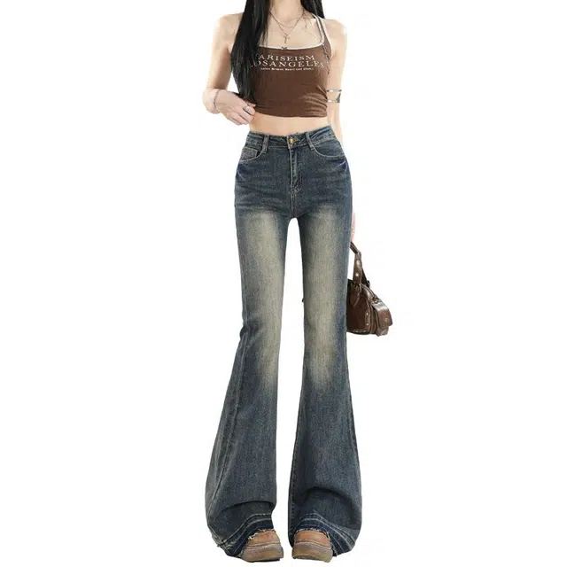 么宁 痞帅辣酷复古时髦百搭显瘦微喇高腰小个子不贴腿弹力喇叭裤牛仔裤 女款