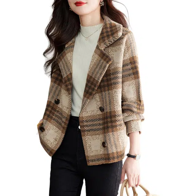 曲韩 格子西装领双排扣宽松长袖夹克外套 女款 图片色