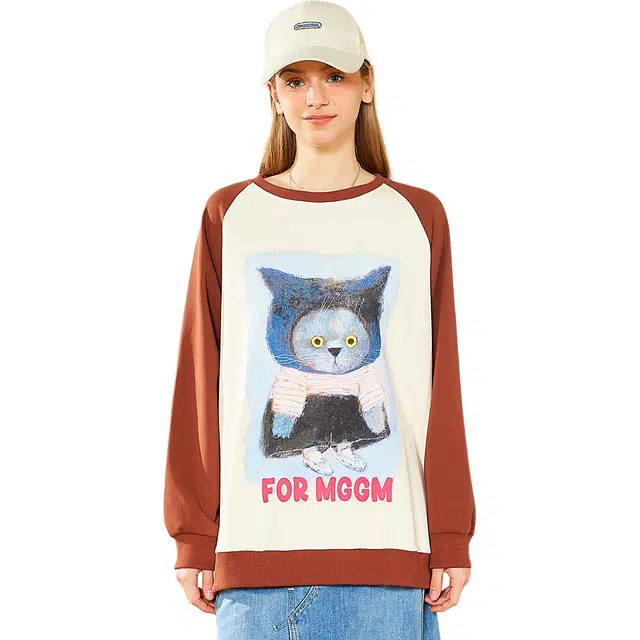 木果果木 春,秋 复古美式撞色插肩袖印花圆领卫衣 宽松 女款