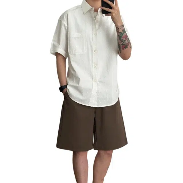 颂希尔 纯色简约帅气少年感宽松休闲百搭短袖衬衫 男女同款