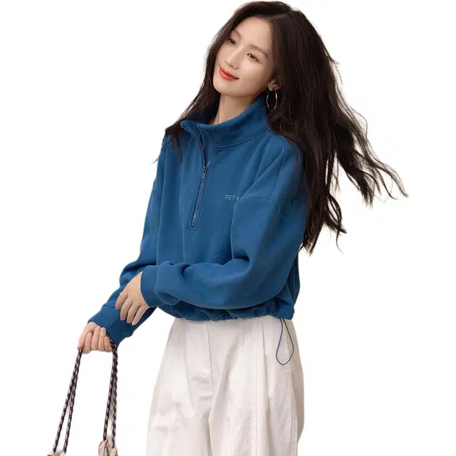 【dme】 纯色立领落肩套头长袖卫衣 女款 孔雀蓝