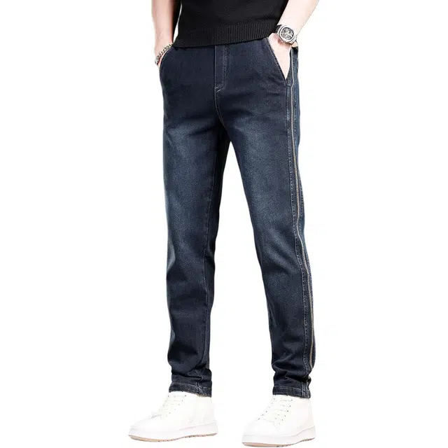 贵色 纯色潮牌休闲透气薄款运动休闲长裤美式高端松紧腰侧条纹弹力直筒裤牛仔裤 男女同款