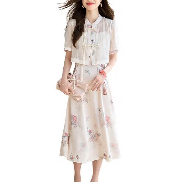 曲韩 新中式改良版碎花雪纺两件套装旗袍裙子气质复古优雅夏季短袖连衣裙 女款