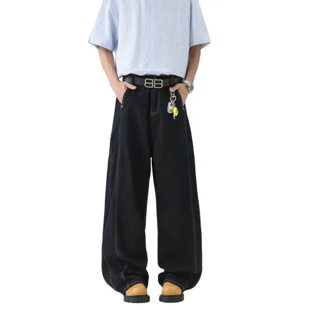 佐菲利 美式复古明线刺绣水洗弯刀潮宽流松小众百搭阔腿拖地长裤牛仔裤 男款