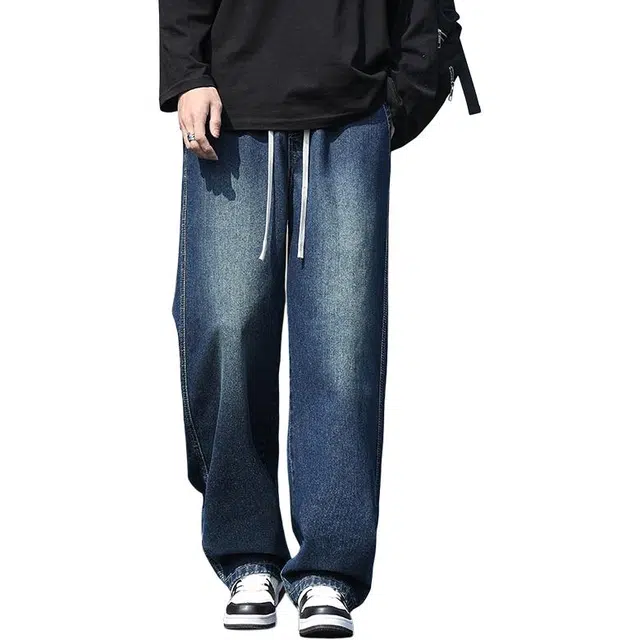 么宁 港风宽松直筒简约百搭舒适透气垂感潮流个性痞帅运动休闲牛仔裤 男女同款